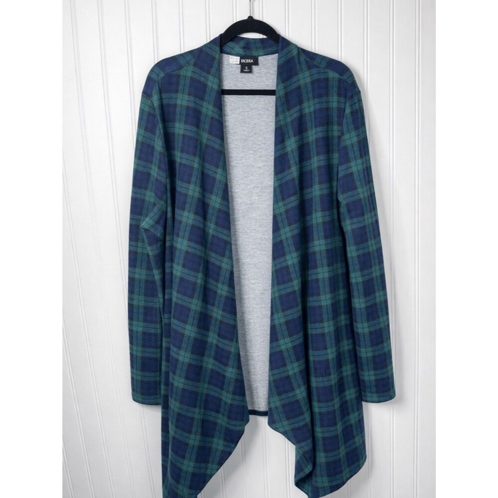 Tacera Blue Green Plaid Open Front Long Cardigan Sweater Drape Duster Preppy